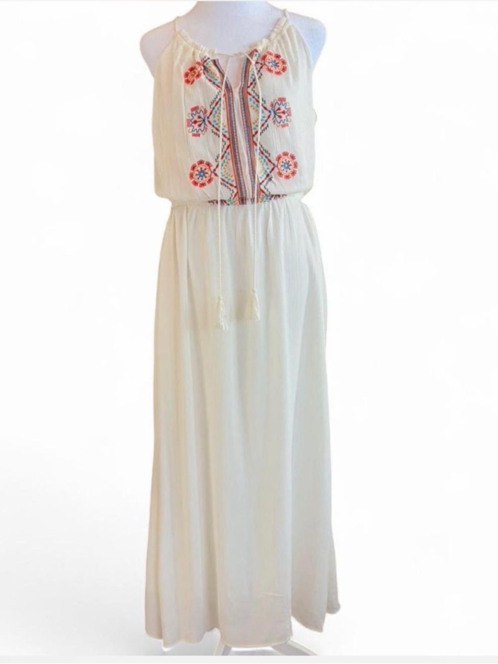 Cream Boho Embroidered Maxi Dress with Tassel Tie